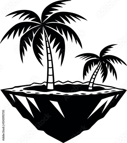 Floating Island With Coconut Tree Vector Silhouette On White Background