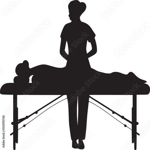 Silhouette of massage therapist standing behind client on massage table in studio setting portrayed