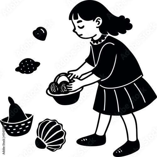 Girl Collecting Seashells Vector Silhouette On White Background