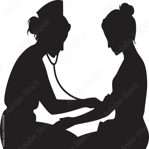 Silhouette of a nurse examining a patient with a stethoscope in a medical setting illustration art