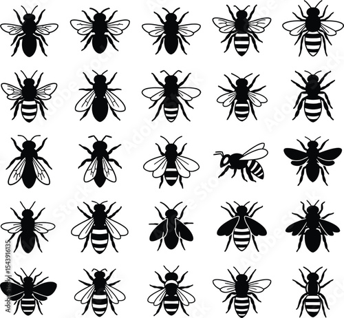 Collection of black bee silhouettes various poses