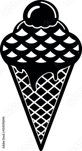 Ice Cream Cone With Triple Scoop Vector Silhouette On White Background