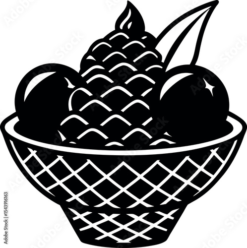Ice Cream In Waffle Bowl Vector Silhouette On White Background