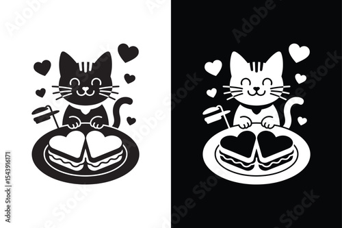 A cute cat decorating cupcakes with heart sprinkles icon vector on White Background ,Vector Art Illustration on white background.