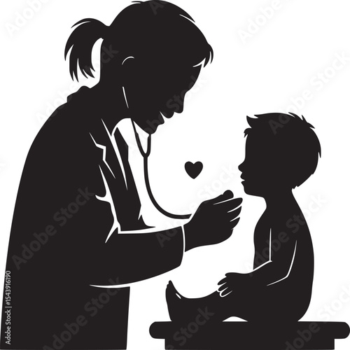 Silhouette of a doctor examining a child with a stethoscope and a heart above them in black and white