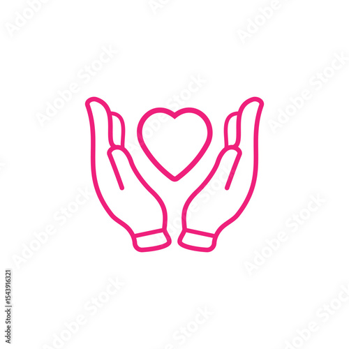 Black isolated outline icon of heart in hands on white background. Line icon of heart and hands. Symbol of care, love, charity.