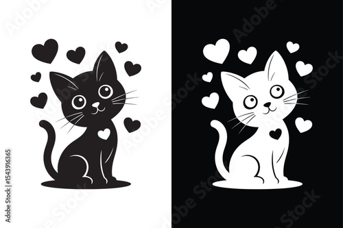 A cute cat gazing at the sky with floating hearts icon  on a white and black background.	