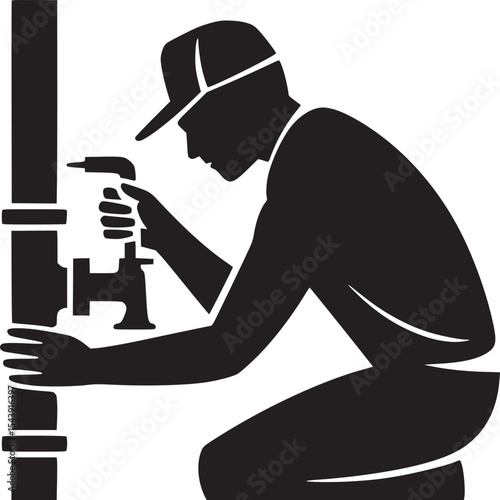 Silhouette of a plumber kneeling and repairing a pipe with a tool on a white background image