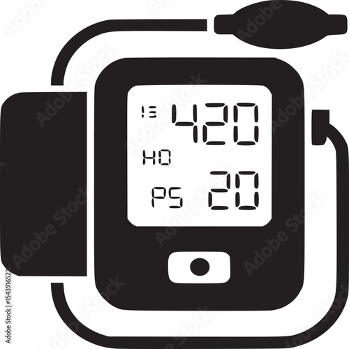 Isolated black and white illustration of a digital blood pressure monitor with cuff and display panel