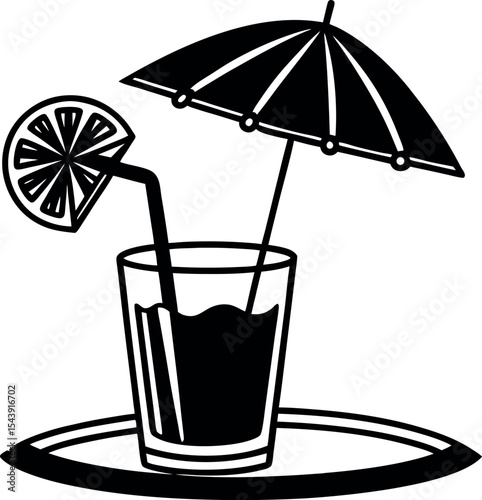 Poolside Drink With Umbrella Vector Silhouette On White Background