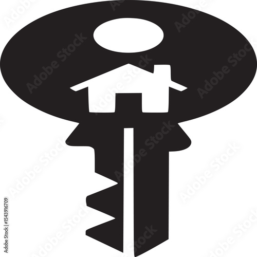 A black and white graphic of a key with a house inside the head of the key on a white background