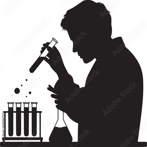 Silhouette of scientist pouring liquid from test tube into flask in laboratory setting on white background