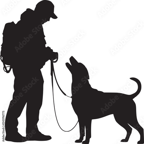Silhouette of a man with backpack and cap holding a dog on a leash looking upwards together outdoors