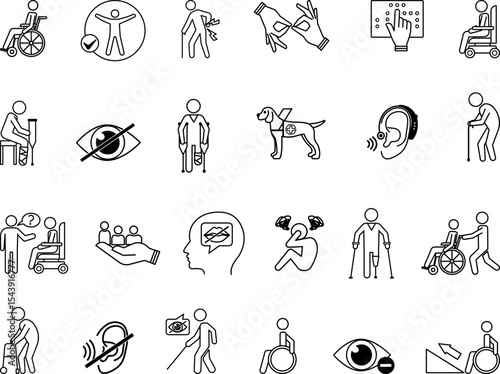 Disability Icon Set. Vector Illustrations Wheelchair, Crutches, Blindness, Deafness, Sign Language, Inclusion, Speech Impairment, Mental Illness, Ramp, Hearing Aid, and More