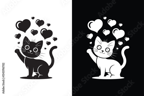 A cute cat gazing at the sky with floating hearts icon  on a white and black background.	