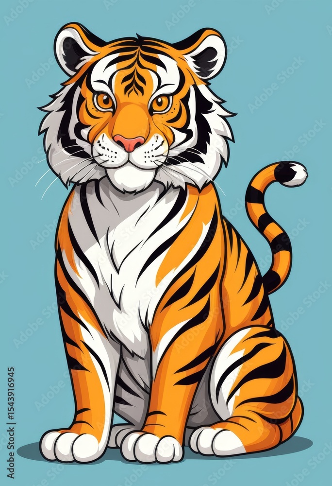 Obraz premium A cartoon tiger sits with eyes open