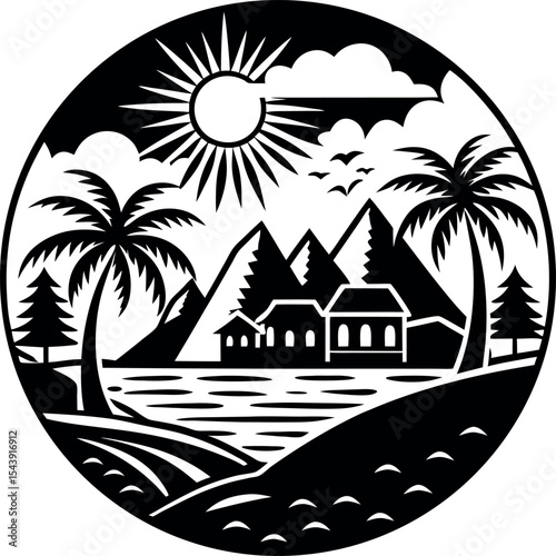 Summer Morning Scene Vector Silhouette On White Background