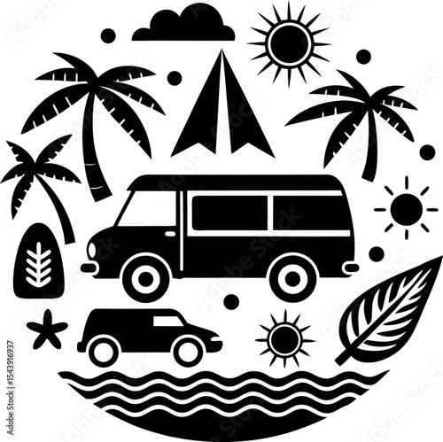Summer Road Trip Elements Vector Silhouette On White Background