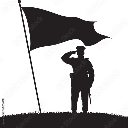Silhouette of a soldier saluting a flag on a grassy hill against a white background in black and white