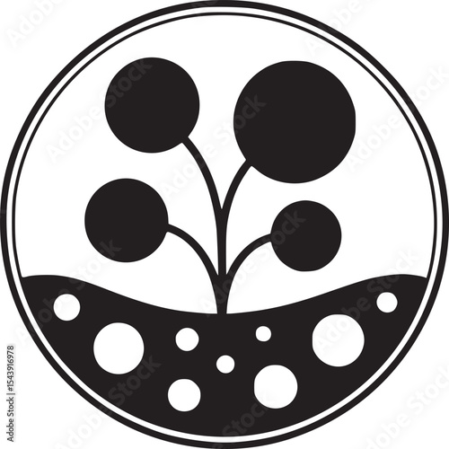 A black and white drawing of a plant with round leaves inside of a circle with a filled bottom section
