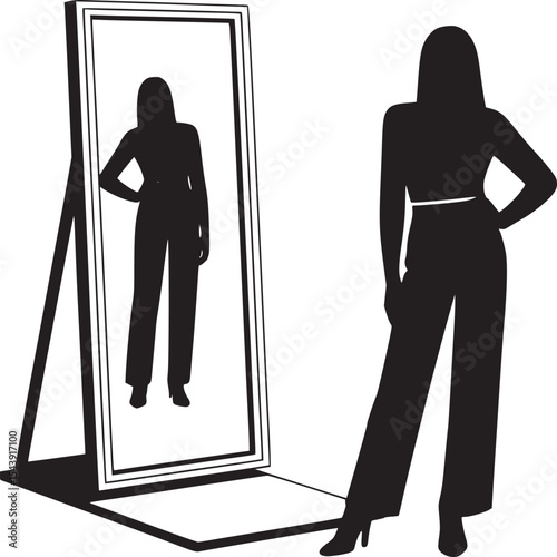 Silhouette of woman posing in front of a mirror with a cream colored background in black and white art