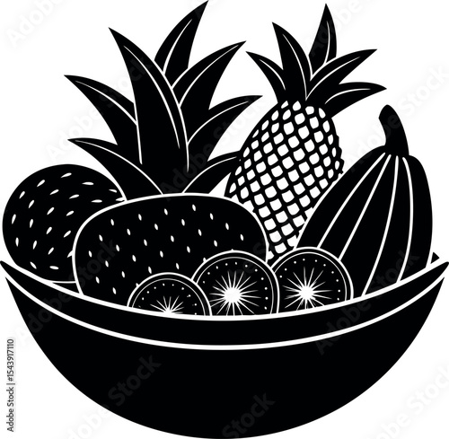 Tropical Fruit Mix In Bowl Vector Silhouette On White Background