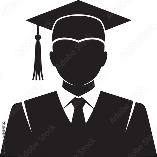 Black silhouette of a graduate wearing a cap and gown with a tie on a white background image view