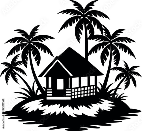 Tropical Island With Hut Vector Silhouette On White Background