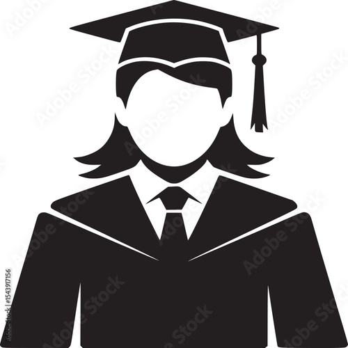 Illustration of a female graduate wearing a cap and gown in black and white color scheme isolated