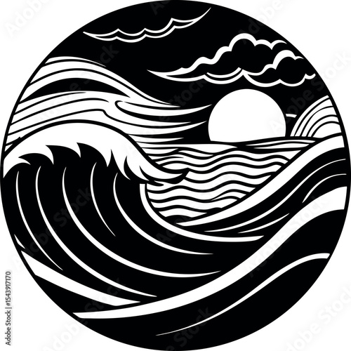 Waves And Sunset Landscape Vector Silhouette On White Background