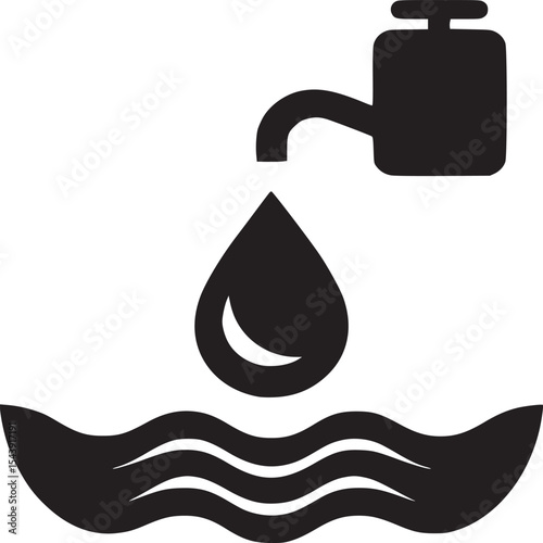 Black and white illustration of a faucet dripping water into a wavy surface below in a simple design