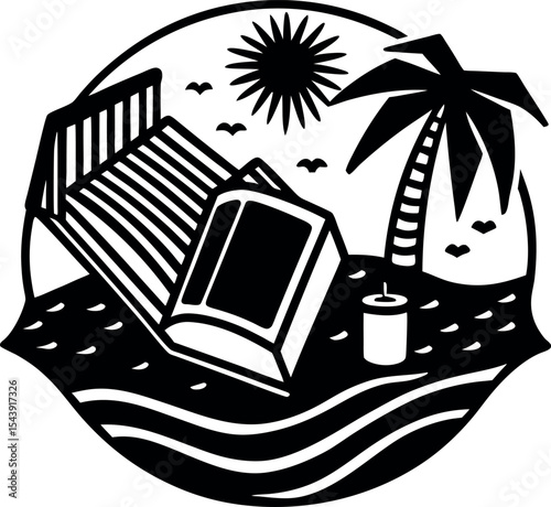 Beach Scene With Towel And Book Vector Silhouette On White Background