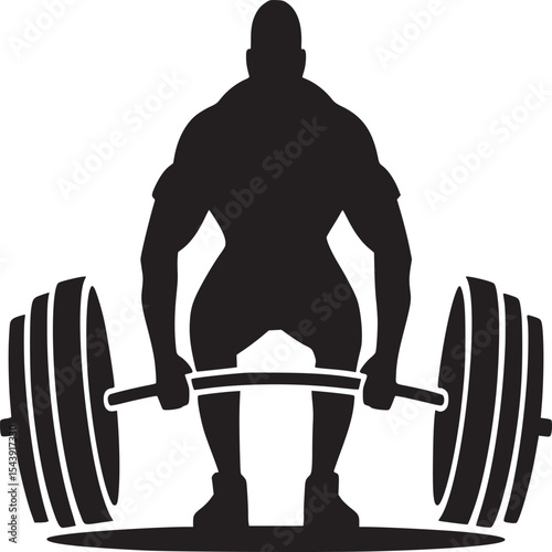 Silhouette of a muscular man lifting a barbell with weights in a deadlift position on a white background