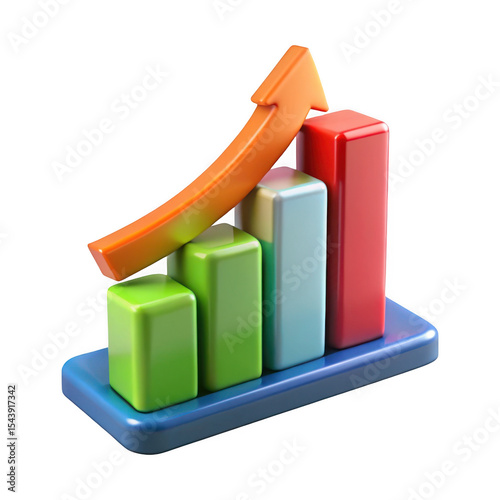3d rendered colorful bar graph with ascending arrow