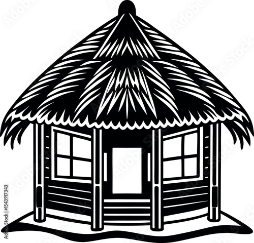 Beach Hut With Straw Roof Vector Silhouette On White Background
