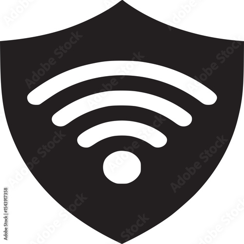 Black shield icon with wifi symbol inside representing secure wireless network connection on white background