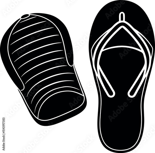 Beach Slippers And Cap Flat Vector Silhouette On White Background