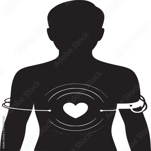 Silhouette of a person with a heart symbol and monitoring device on arm with radiating circles