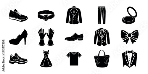 Fashion and Clothing Silhouette Icon Set – Shoes, Suits, Dresses, Accessories, and Apparel