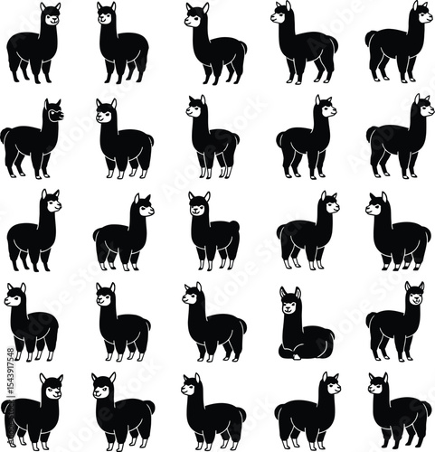Twenty four black silhouettes of alpacas