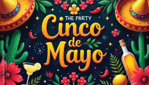 Festive Cinco de Mayo Celebration with Sombreros Cacti Tequila and Vibrant Flowers