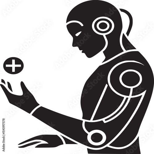 Black and white illustration of a robot holding a plus sign in its hand with a white background
