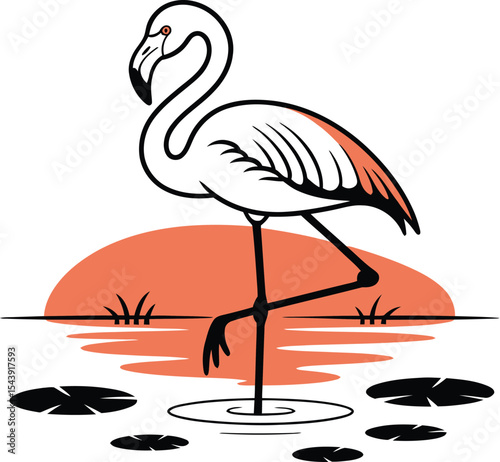 Flamingo standing in water with lily pads and sunset in the background