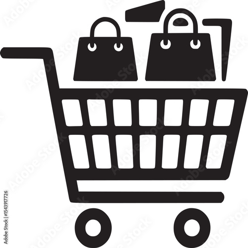 A shopping cart filled with shopping bags and a box in black and white vector illustration style