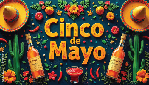 Festive Cinco de Mayo Celebration with Sombreros Tequila Cacti and Vibrant Flowers
