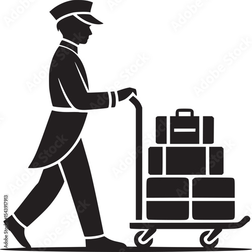 A bellhop pushing a luggage cart with several suitcases in a black and white vector illustration style