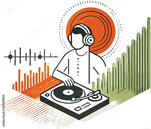 Modern illustration of a dj mixing music with headphones and turntable equipment