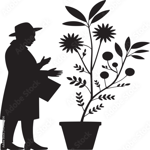 Silhouette of a man in a hat and coat standing next to a potted plant with flowers and round fruits