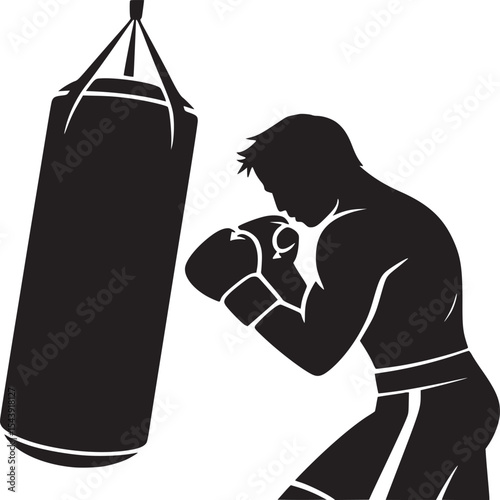 Silhouette of a boxer training with a punching bag in a gym on a white background illustration