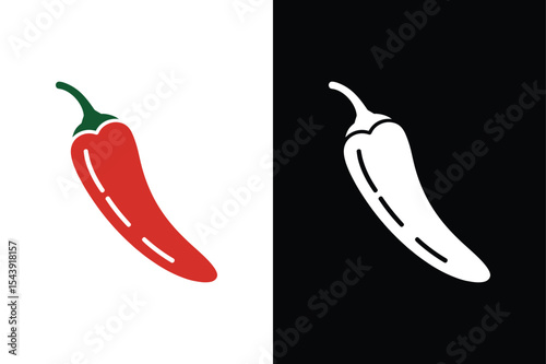 Spicy chili hot silhouette icon illustration on white and black background.